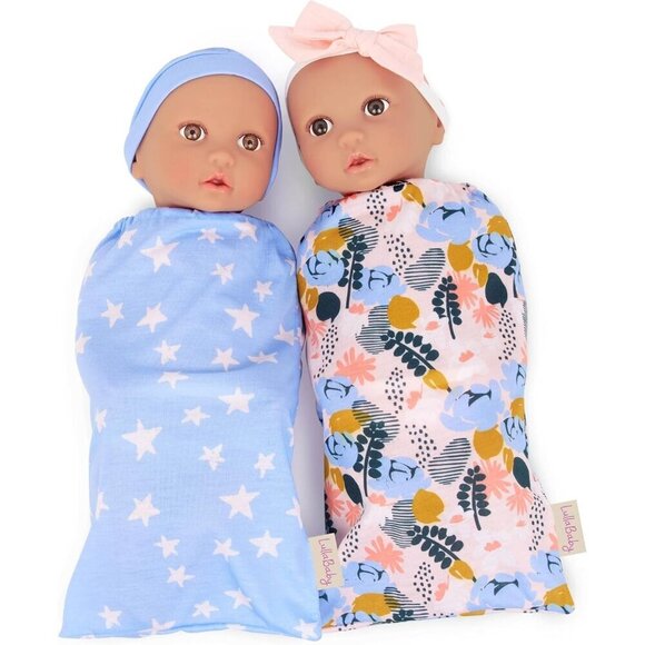 14-inch Baby Twin Dolls Fair Skin Tones Brown Eyes Star Floral Swaddle Headband